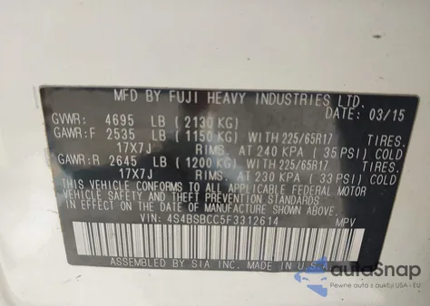 2015 Subaru Outback 2.5I Premium из США, поврежденный, VIN 4S4BSBCC5F3312614